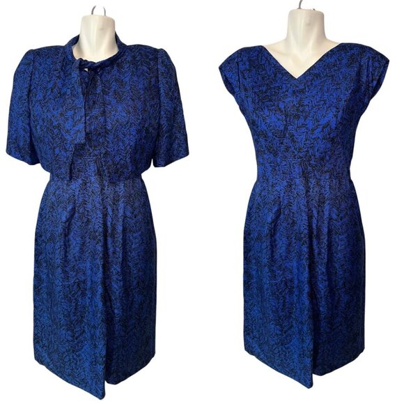Vtg 50s Hattie Carnegie Blue Black Textured Silk Sheath Dress w/ Shrug Medium - Picture 1 of 12